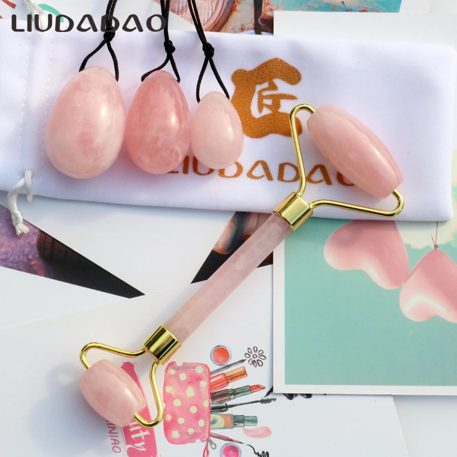 Натуральный массажный набор роллеры для лица из розового кварца нефрита