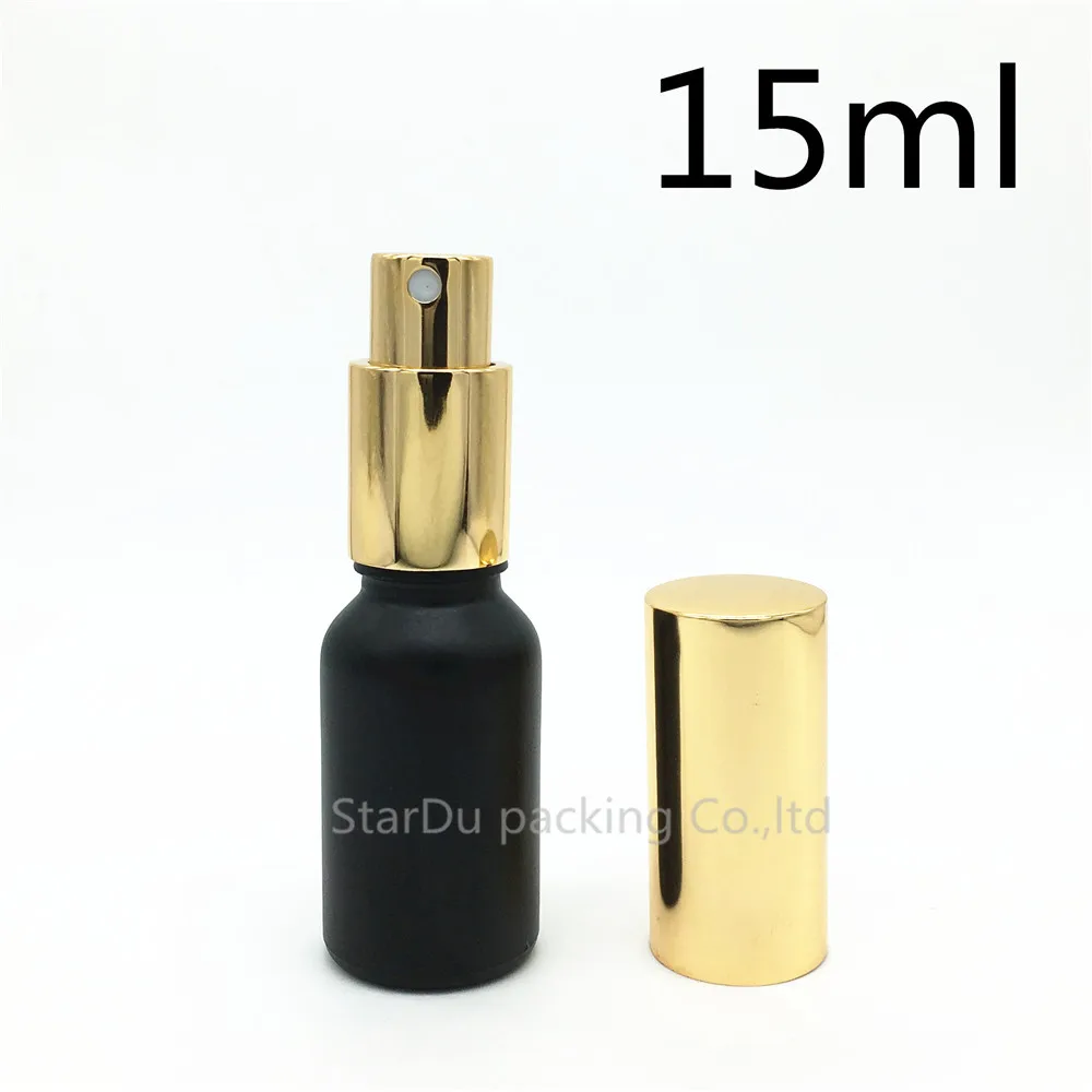 

Free Shipping 500pcs 15ml black Frosted glass bottle with gold aluminum sprayer,15cc Essential Oil Spray perfume bottle