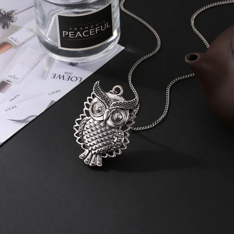 Vintage Vivid Carved Owl Cute Animals Pendant Long Thin Chain Ethnic Style Antique Silver Plated Necklaces For Women | Украшения и