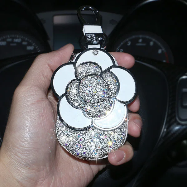 white key case Зеркальный чехол для ключей с кристаллами камелии и стразами, кошельки для автомобильных ключей, кожаный универсальный чехол для ключей, держатель водительских прав для женщин и девушек - Название цвета: white key case