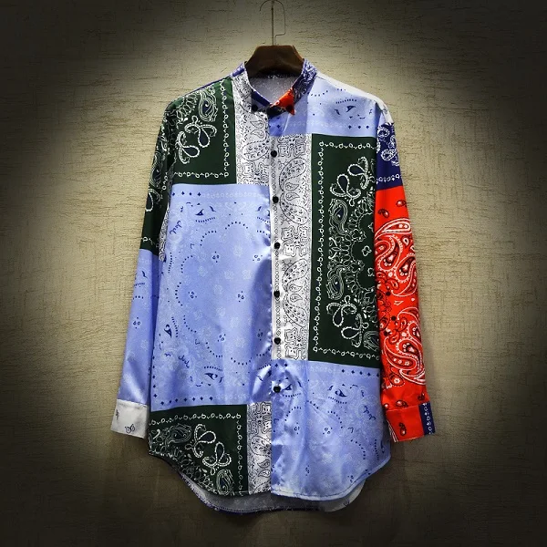 Men's Casual Shirt Camisa Masculina Hip Hop Patchwork Printed Long Sleeve Spring Summer Shirts Men National tide Fashion - Цвет: Floral