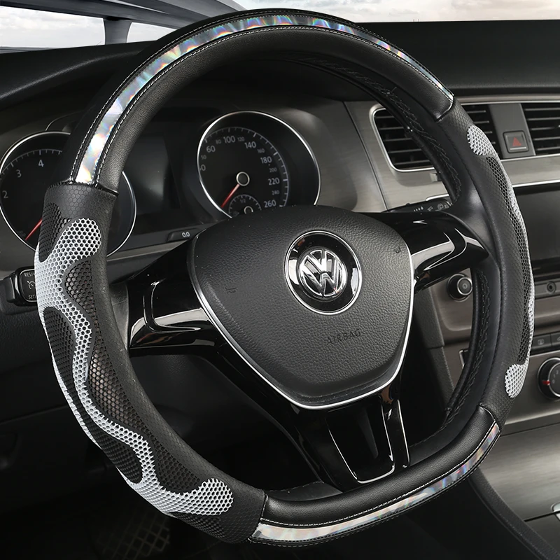 KKYSYELVA D Shape Leather Car Steering Wheel Cover Four Seasons Steering Wheel Hubs ForInterior Accessories