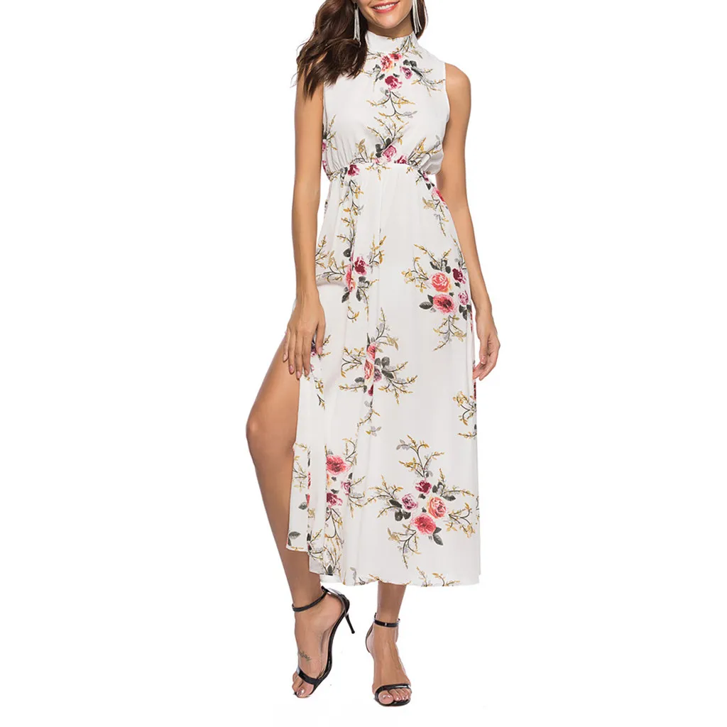 Women Summer Floral Print Beach Dress Ladies Sexy Thigh Slit Slip Midi Halter Sleeveless High Waist Tank Vestido | Женская одежда