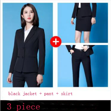 black suit 3piece Корейский профессиональный женский комплект размера плюс, новинка, черная, синяя юбка, брючный костюм, офисный костюм для женщин, Блейзер, брюки, рубашка - Цвет: black suit 3piece