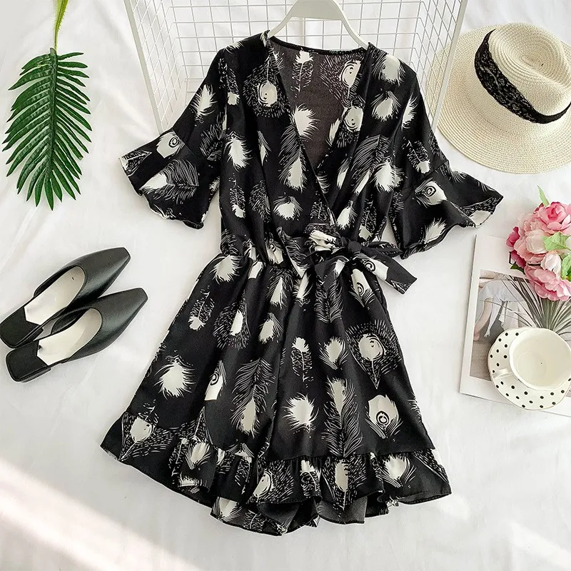 Женский винтажный комбинезон с принтом и треугольным вырезом пляжный короткий