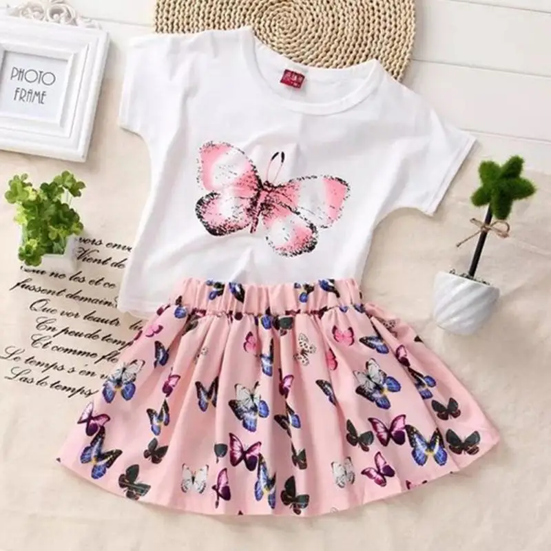 2pcs/set Toddler Baby Girls Butterfly Printed Outfits Clothes Summer Matching Top O-neck T-shirt +Skirts Outfit Set | Детская одежда и