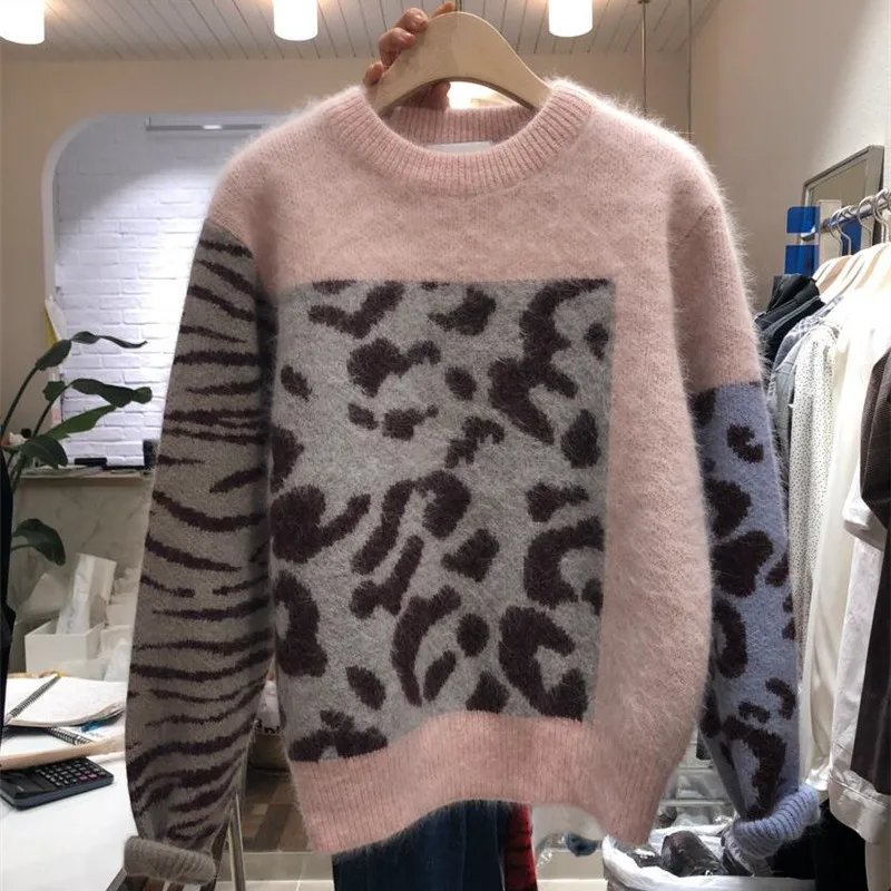 Korobov Harajuku женские свитера Новинка Sueter Mujer лоскутный мохеровый женский свитер Леопардовый принт пуловер с круглым вырезом 76408