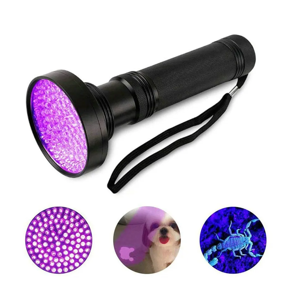 

100 LEDs Led Ultraviolet Flashlight 395nm Blacklight Scorpion UV Light Battery Use 6*AA for Pet Urine Stains Detector