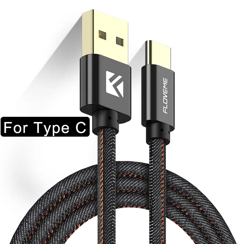 Black Type C FLOVEME Denim type-C Lighting Micro USB кабель для iPhone 6 samsung Android Xiaomi Redmi huawei usb type C зарядный кабель передачи - Цвет: Black Type C