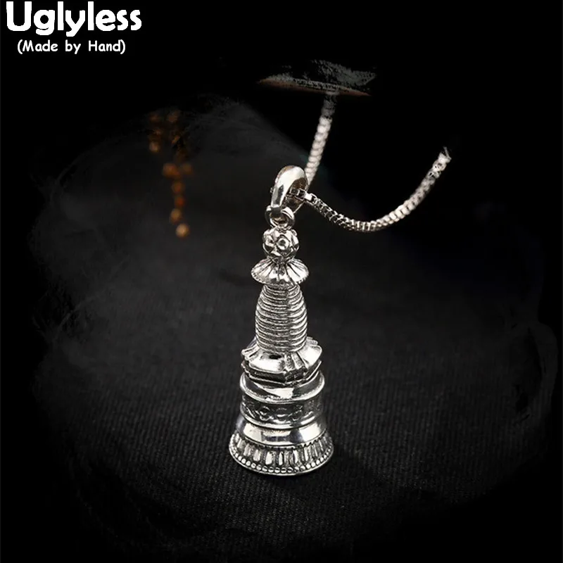 

Uglyless Real 925 Sterling Silver Handmade Stupa Pendants without Chains Buddhism Pagoda Jewelry Mantra Gaudencio Openable Box