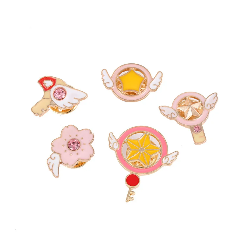 Аниме Card Captor брошь по мотивам аниме Cardcaptor SAKURA Косплей Эмаль Булавка крылья звезда палка Броши с птицами Хэллоуин реквизит KINOMOTO SAKURA - Цвет: 5pc of set
