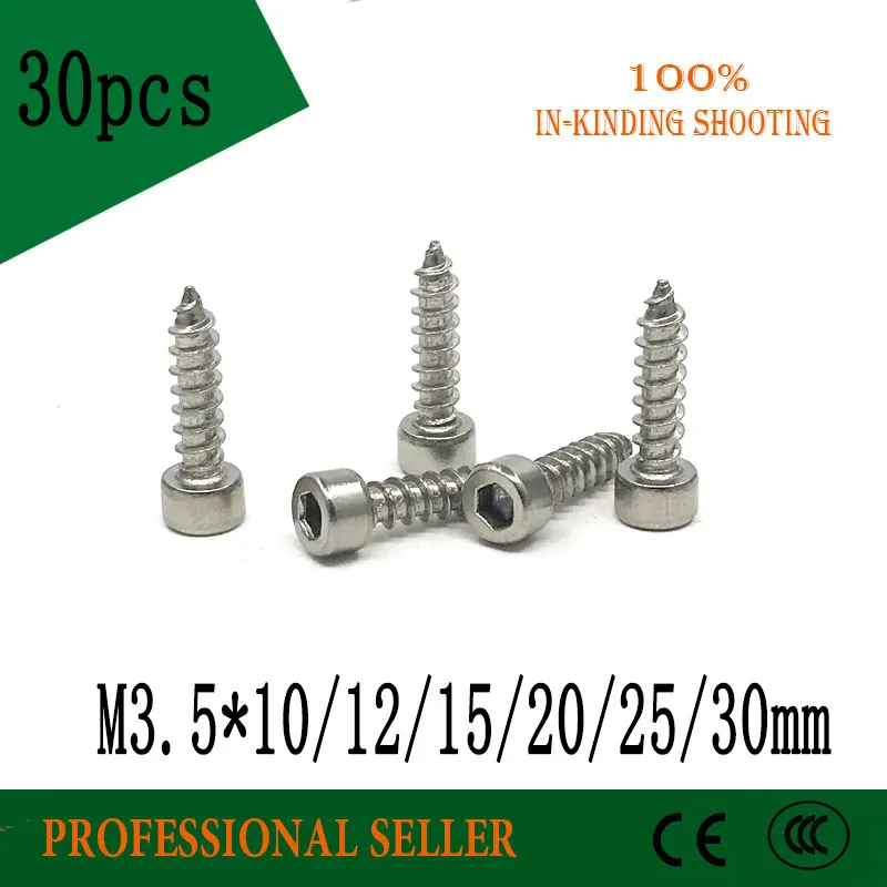 

30pcs Free shipping M3.5 *10/12/15/20/25/30 mm 304 stainless steel Hexagon Socket Cap Head self tapping screw Model Screw
