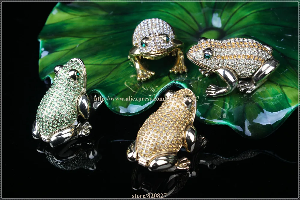 Frog Shape Metal Crystal Rhinestone Jewelry Box Gorgeous Frog Jewelled Trinket Box with Inlaid Crystal, Pill Box Figurine
