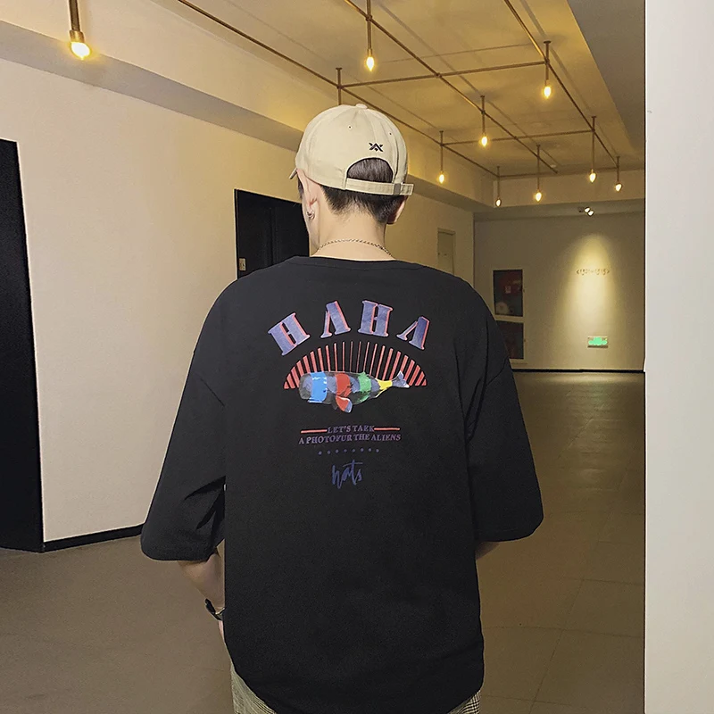 Летние мужские футболки с принтом коротким рукавом круглым воротником свободные