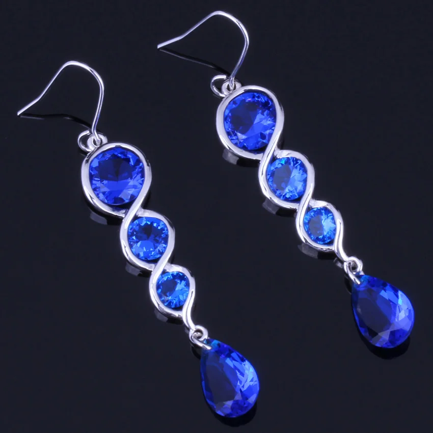

Adorable Water Drop Blue Cubic Zirconia Silver Plated Drop Dangle Earrings V0214