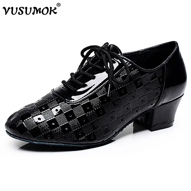 

VUSUMOK Women Dance Shoes PU Leather Modern Latin Tango Salsa Ballroom Dancewear Ladies Party Square Heels Plugs size