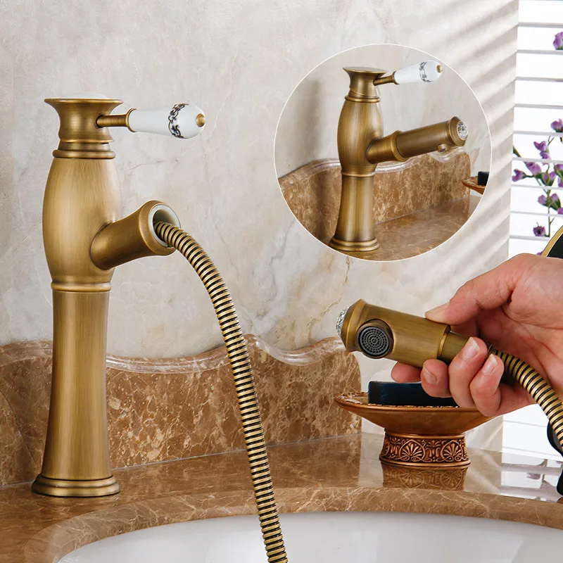 Выдвижной Смеситель античный кран из латуни для умывальника бронзовый винтажный