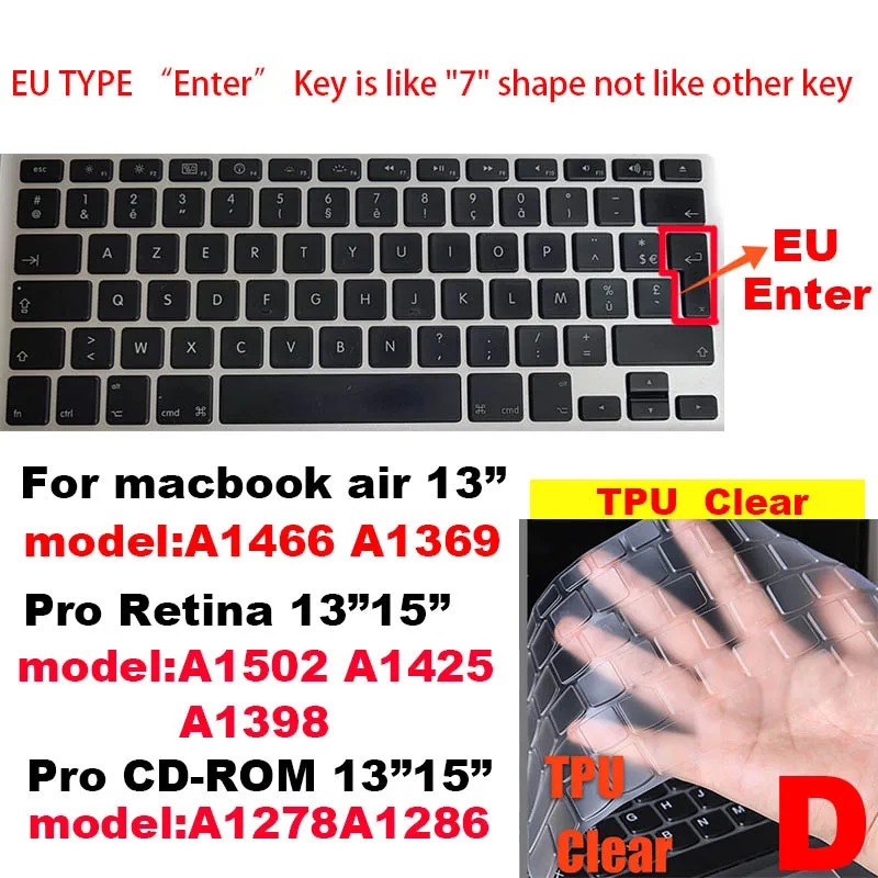 Для Apple Macbook air pro retina EU/US версия A1466/1502/1398/1534/1990 Клавиатура Чехол Silica гелевый из термопластика прозрачный протектор пленка