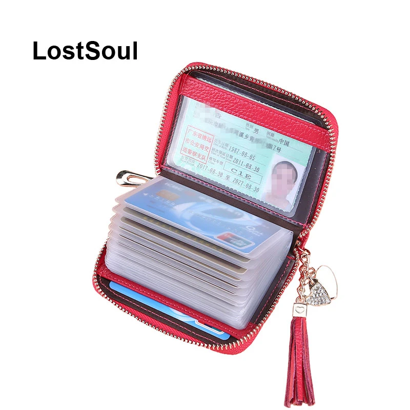 

LostSoul genuine leather wallet card holder women leather multifunction card id holders large capacity tassels credit cards case