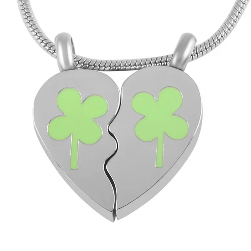 Зеленый Lucky Fourleaf кулон с пеплом из нержавеющей стали Сердце Любви сломанной