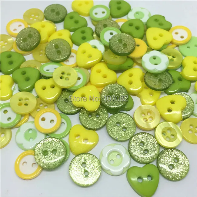 

1000pcs 11-13mm Resin Buttons Green Yellow Heart Flower Round Button Sparkly Glitter Sewing Embellishments