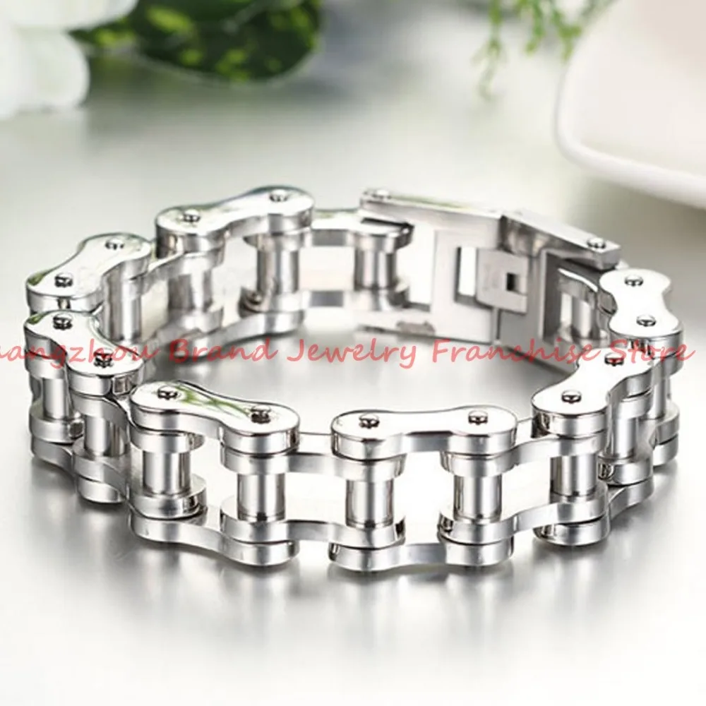 

Silver/Silver Black/Silver Gold/Black color Heavy 316L Stainless Steel Cool Mens 20MM Wristband Bicycle Biker Bracelet Bangle 9