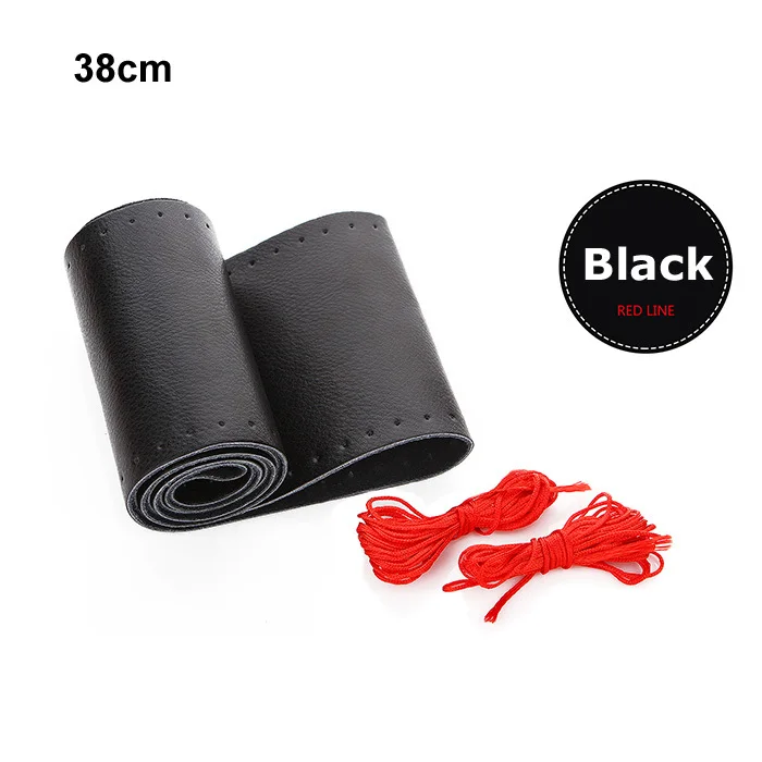 Black red 38cm AULLY PARK автомобильный чехол на руль DIY из натуральной воловьей кожи, оплетка с иглами, автомобильный аксессуар для стайлинга интерьера - Название цвета: Black red 38cm