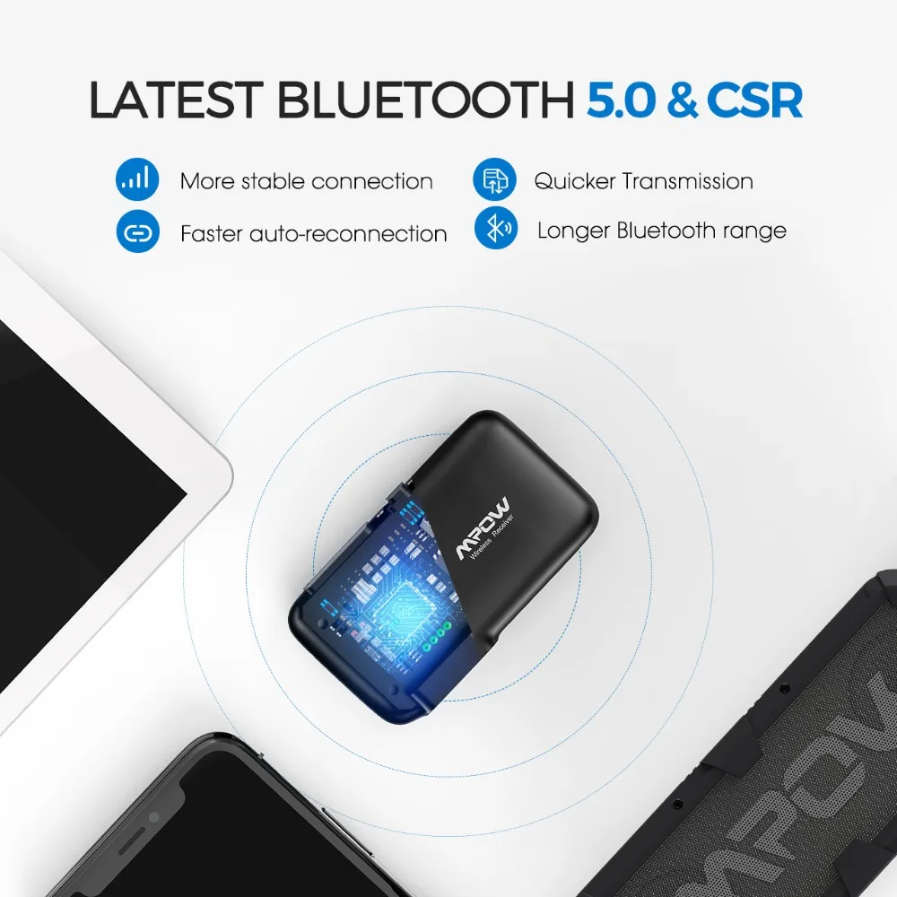 MPOW blueth5.0 беспроводной приемник с сердечником CSR аудио адаптер с громкой связью голосовая навигация светодиодный светильник автомобильный комплект