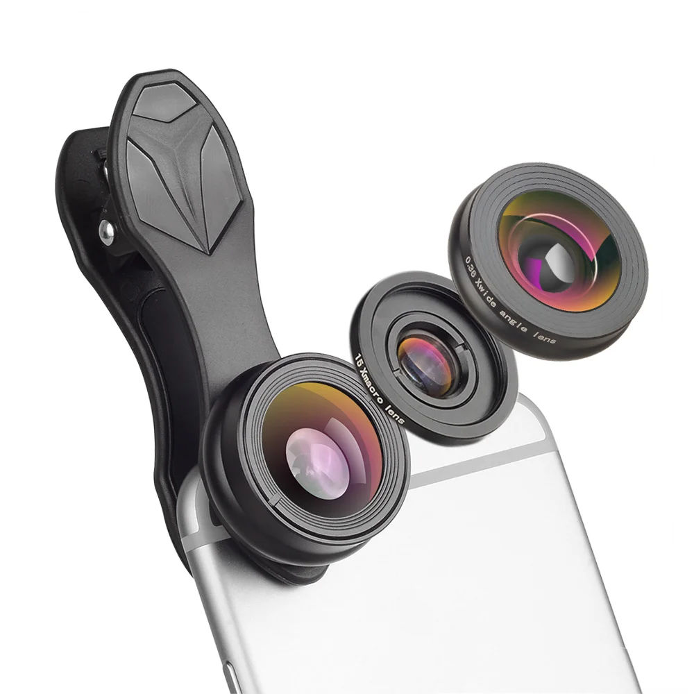 APEXEL 3-в-1 Clip-on объективов для камеры телефона(lentes комплект для Android Планшеты ios и других смартфонов объектив с рыбий глаз+ 2in1 объектив APL-SJ3 - Цвет: Черный