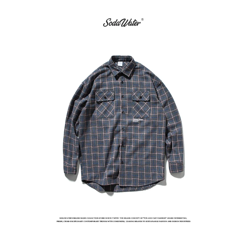 SODA WATER Men Casual Plaid Shirts Harajuku Autumn Letter Print Long Sleeve Shirt For Men Retro Loose Front Pocket Shirts 92107W - Цвет: Charcoal