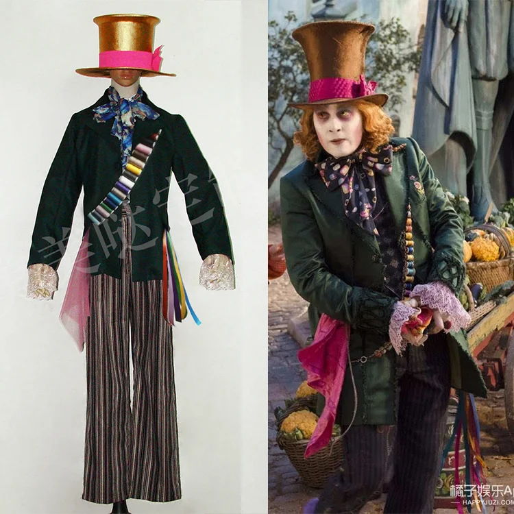 Джони Депп как Mad Hatter косплей костюм наряд Алиса в стране чудес куртка брюки Рождество Хэллоуин Карнавал взрослых мужчин размер