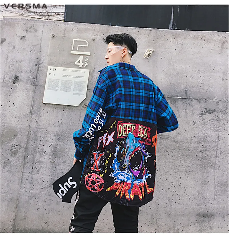 VERSMA High Street хип хоп граффити печатных Лоскутная рубашка в клетку для мужчин японский Harajuku BF винтажные клетчатые рубашки дропшиппинг