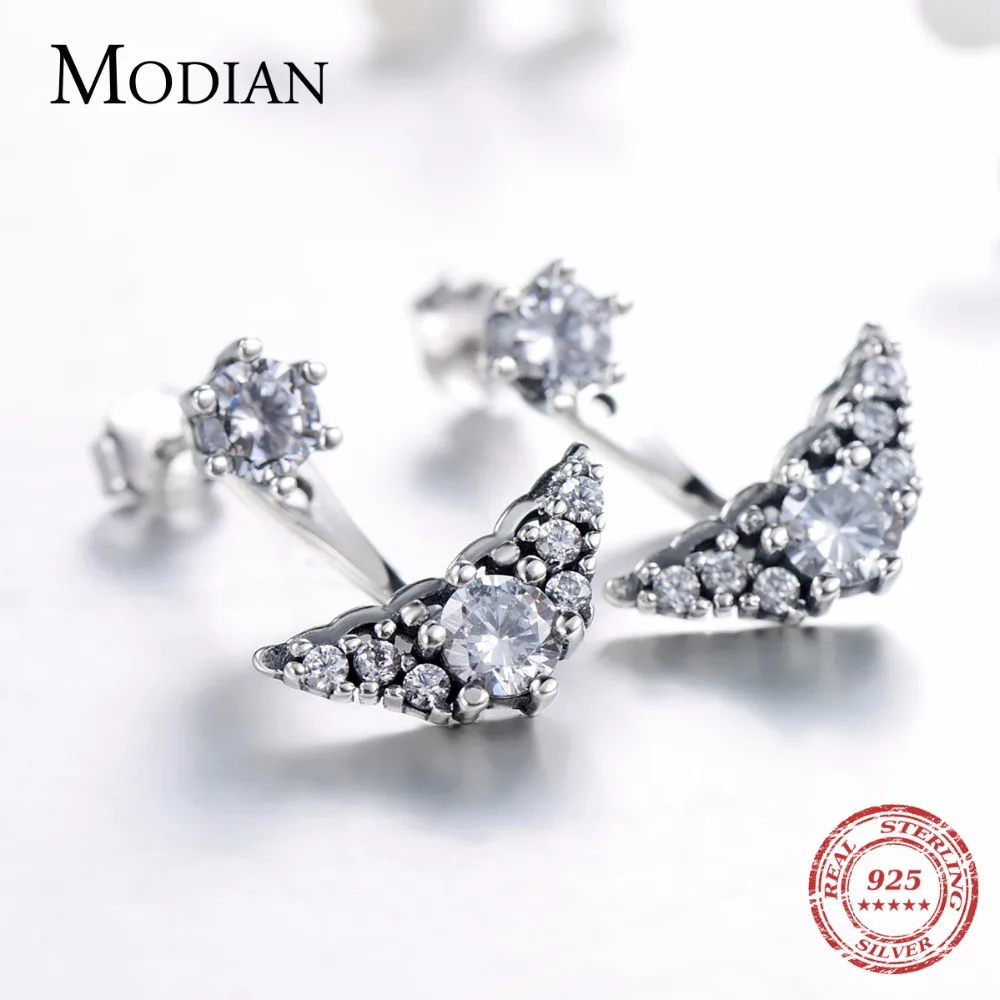 Modian, настоящая 925 пробы, Серебряная корона, ювелирный набор, классическое свадебное кольцо, модное ожерелье с подвеской простое, серьги-гвоздики для женщин