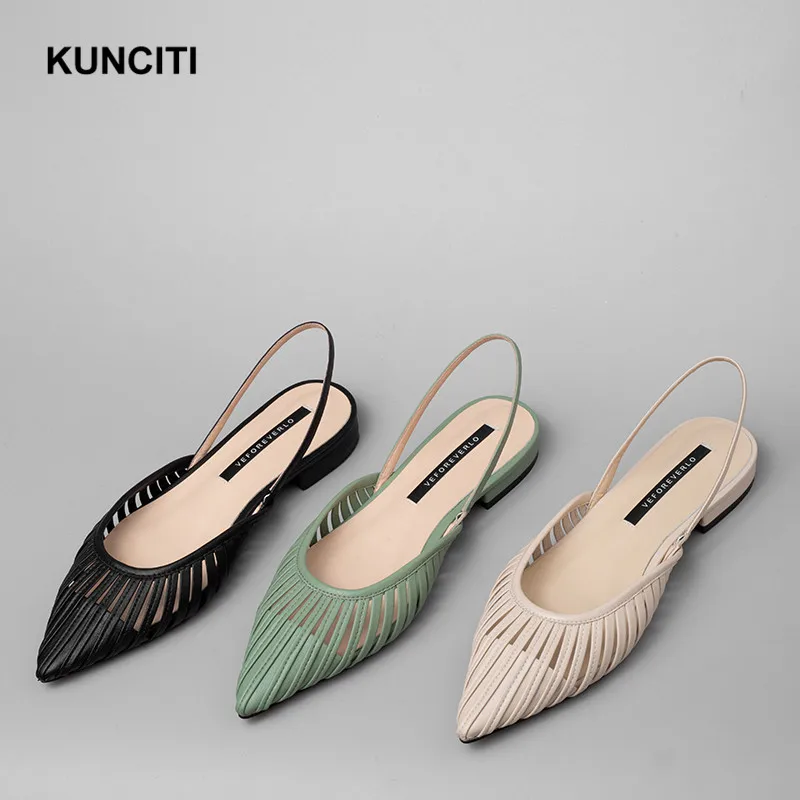 KUNCITI/; босоножки на низком каблуке из натуральной кожи; женская пикантная обувь заостренная на каблуке; женские повседневные босоножки в европейском стиле; X957