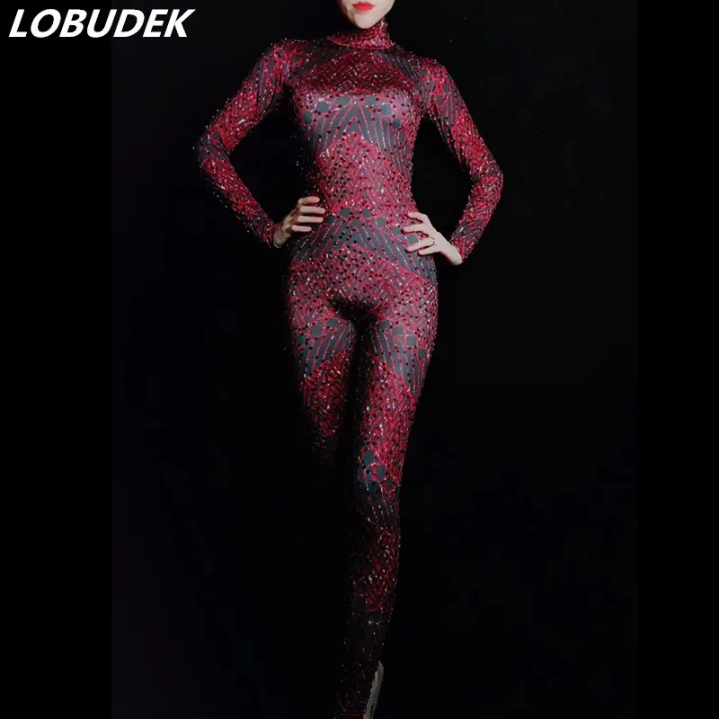 Sparkly Red Rhinestones Spandex Jumpsuit Elastic Skinny Bodysuit Stones Leotard Stage Wear Party Singer Dancer Nightclub Costume