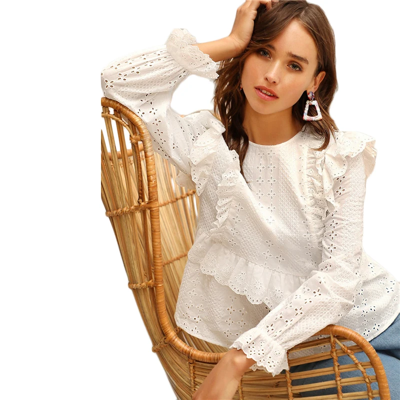 SHEIN Топ С Вышивкой И Оборкой Женская Весенняя Белая Повседневная Блузка С Длинными Рукавами И Круглым Вырезом