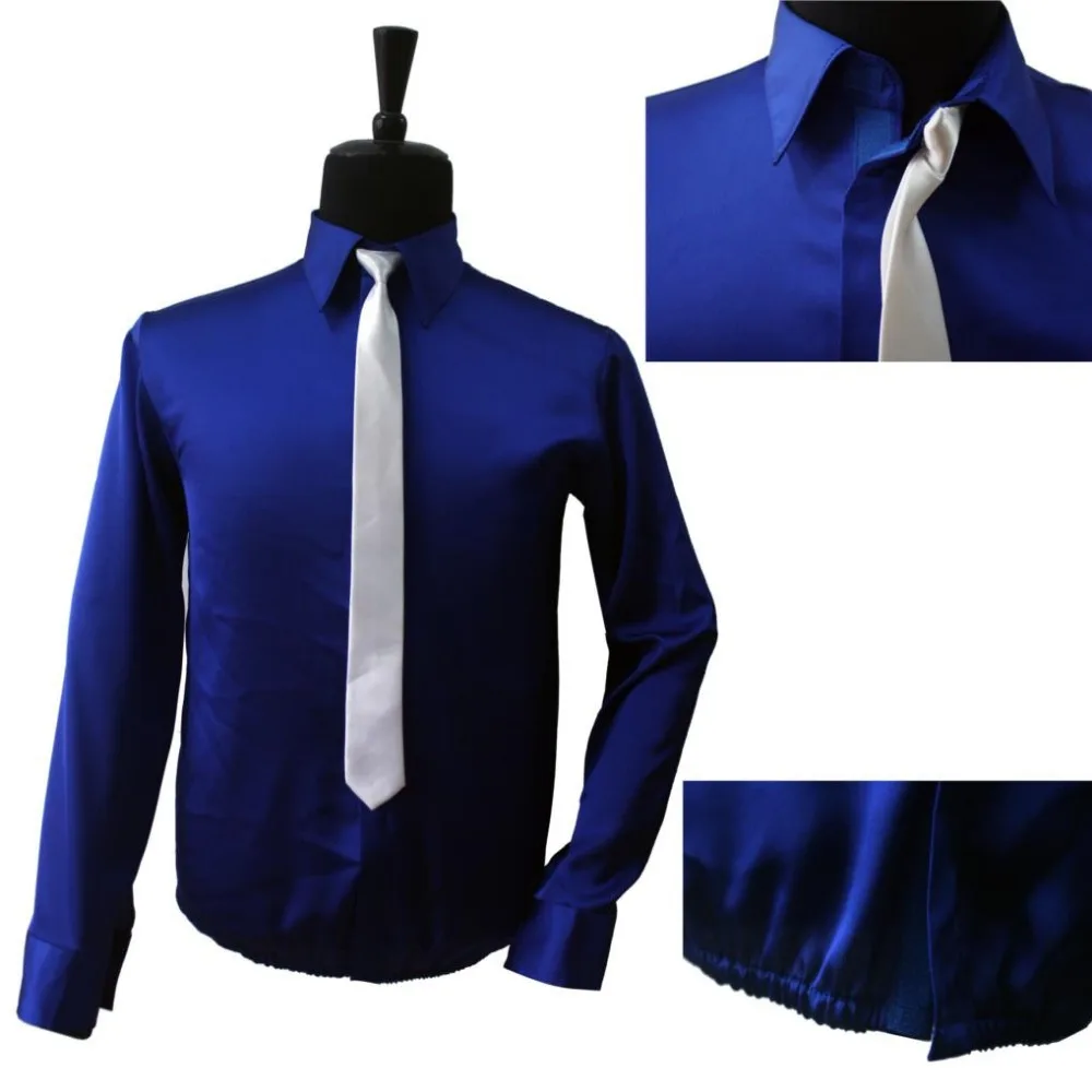 Фото Retro MJ Michael Jackson Smooth Criminal Bule Shine Shirt & Tie Thread Gluing Performance Halloween Show Clothing No Button №1