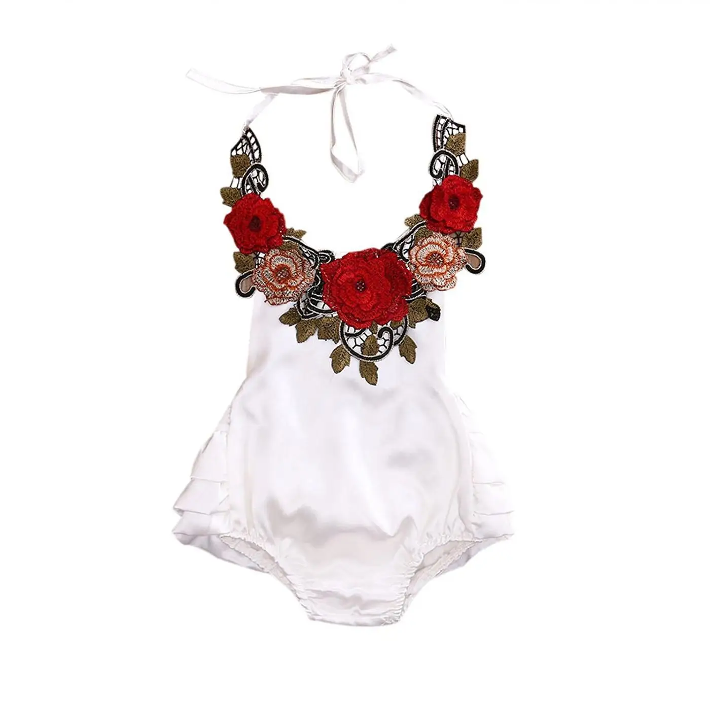 KIDLOVE Summer Baby Girl Infant Romper Embroidered Flowers Hanging Neck Sleeveless Bodysuit with Harness Sunsuit Clothes ZK30 |
