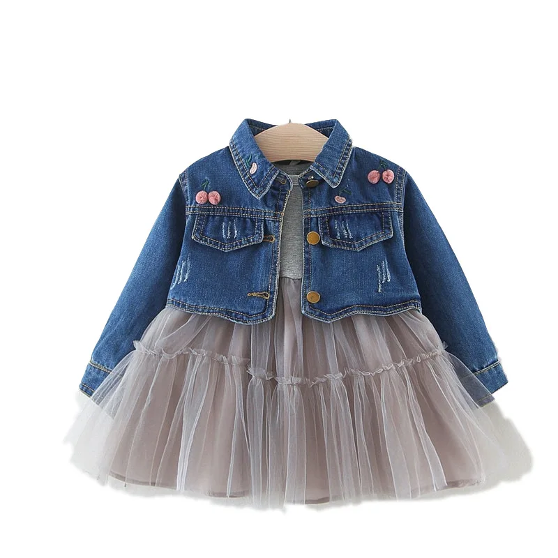 

HOT! Children's clothes spring autumn child sweet dress + denim coat baby girls cowboy dress 2pcs suit
