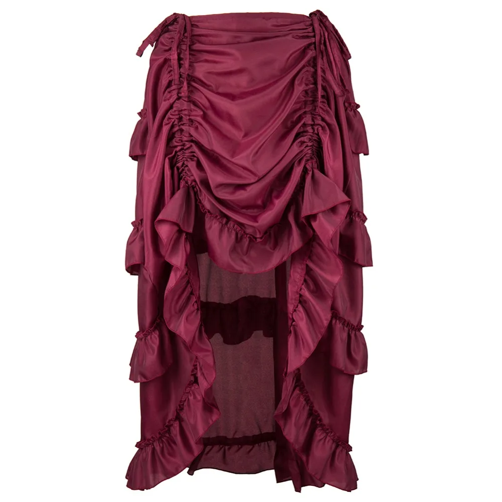 

Victorian Ruffles Layer Maroon Pleated Skirt Steampunk Jupe Longue Gothic Adjustable Front Short Back Long Skirts Plus Size