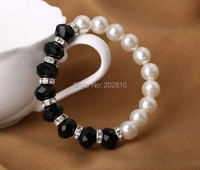 fashion fine quality hand woven 10mm pearl set auger crystal bezel setting round bracelet bangle rope chain strand bracelets