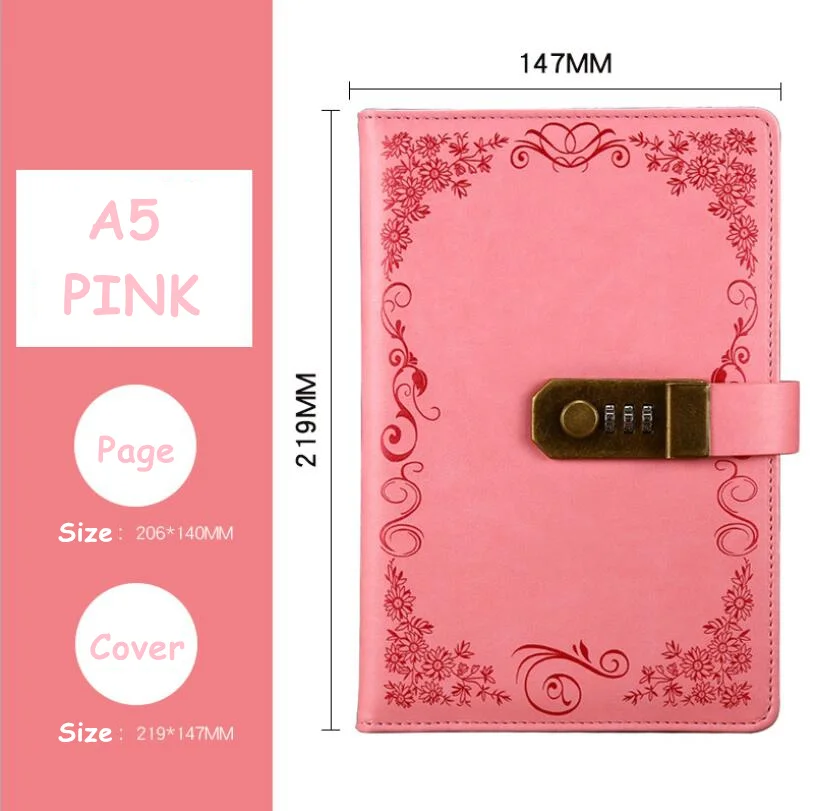 Pink Дневник с замком Тетрадь A5 Винтаж запираемый Бумага PU кожаная Записная книжка путешественника журнал еженедельник школьный канцелярский подарок - Цвет: Pink