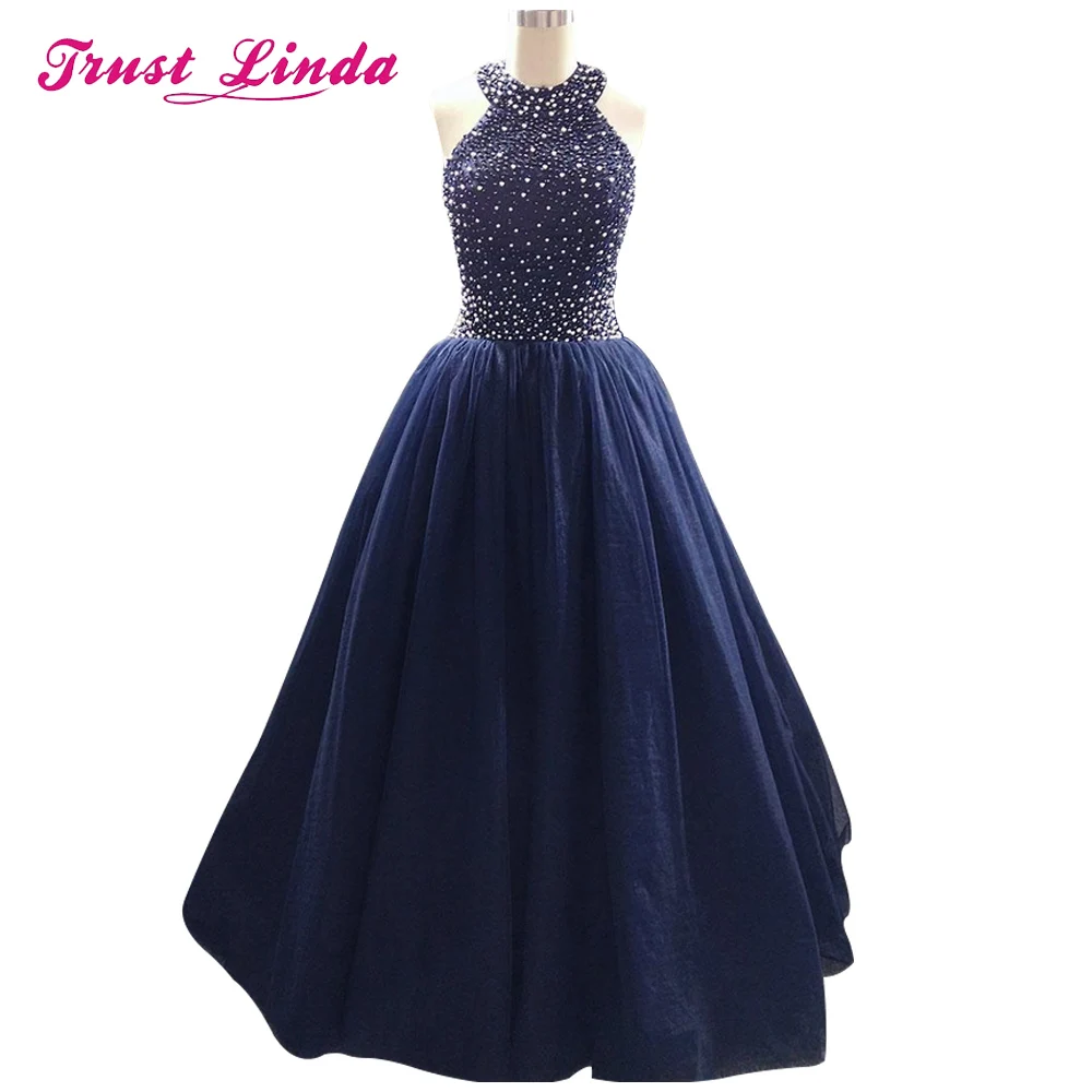 Темно-синее Тюлевое платье с жемчужинами вышитое бисером длинное для выпускного