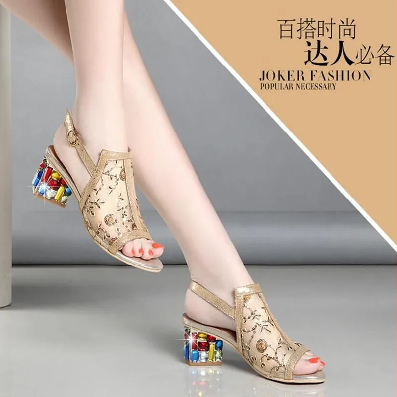 Women Sandals Block Heels Handmade Rhinestone 2019 Summer Slippers High Shoes For Plus Colorful 4255 | Обувь