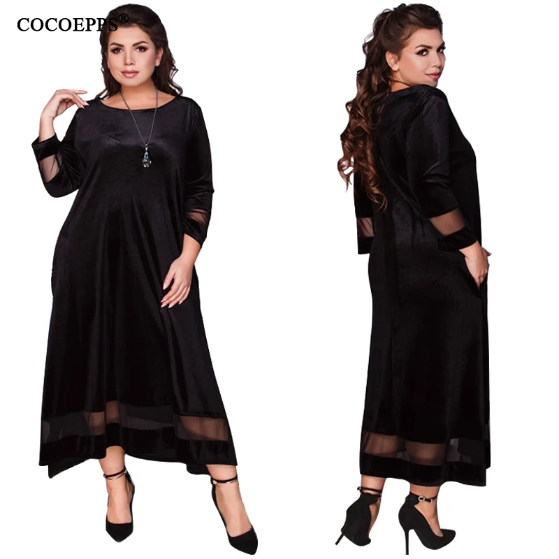 5XL 6XL размера плюс женское бархатное платье Весна Зима Длинное Макси платье большого размера Элегантное Вечернее свободное платье Vestido
