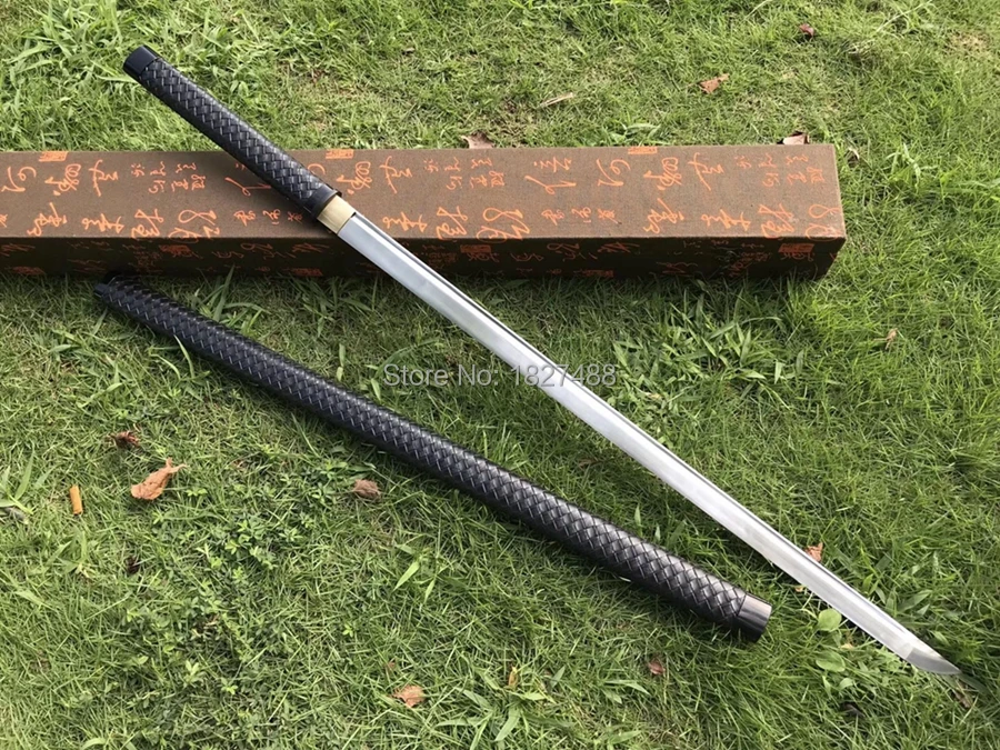 Leather Saya Japanese Samurai Straight Sword Katana Full Tang Spring Steel Sharp Ninja Cosplay Real Fighting Knife Saber