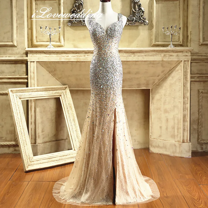 Соблазнительное платье Русалка цвета шампанского с бусинами и кристаллами