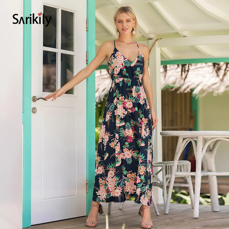 Sarikily спинки Boho Цветочный принт длинное платье Для женщин пикантные глубоким