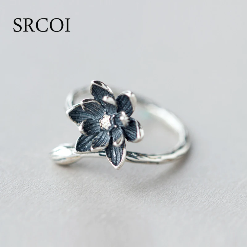 SRCOI Новое модное кольцо с цветком лотоса в античном стерлинговом серебре