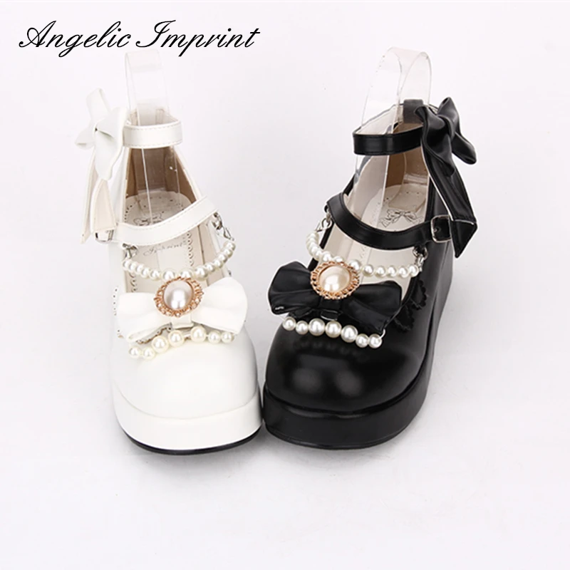 

2020 Spring Sweet Lolita Cosplay Shoes Wedge Mary Jane Shoes with Pearls & Bows